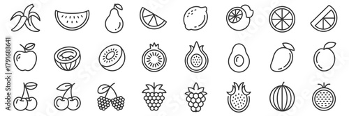 Healthy fruit and berry outline icons, fresh produce vector set