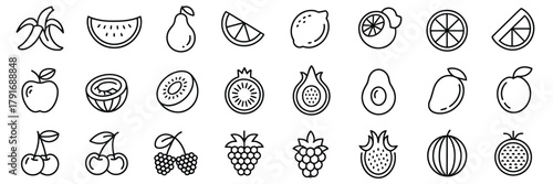 Outline fruit icon set; fresh, healthy food symbols collection