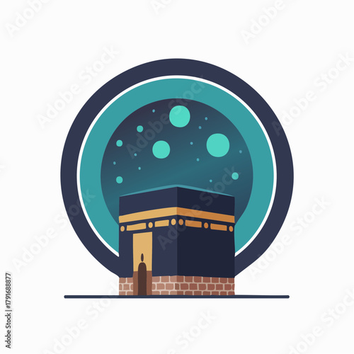 Stylized illustration of the Kaaba under a starry night sky, a sacred Islamic site, within a circular frame.