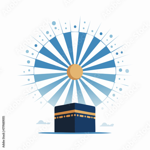 Illustration of the Kaaba, a sacred building in Mecca, with a radiant blue and white halo above it, symbolizing spirituality and divine light.