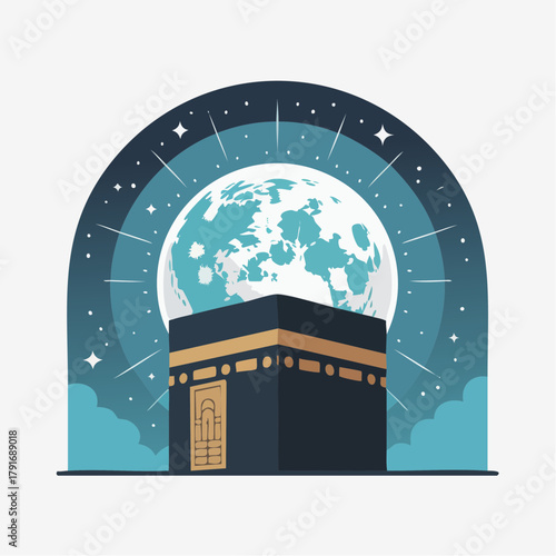 Illustrative depiction of the Kaaba under a full moon and starry night sky, symbolizing Islamic pilgrimage and devotion.