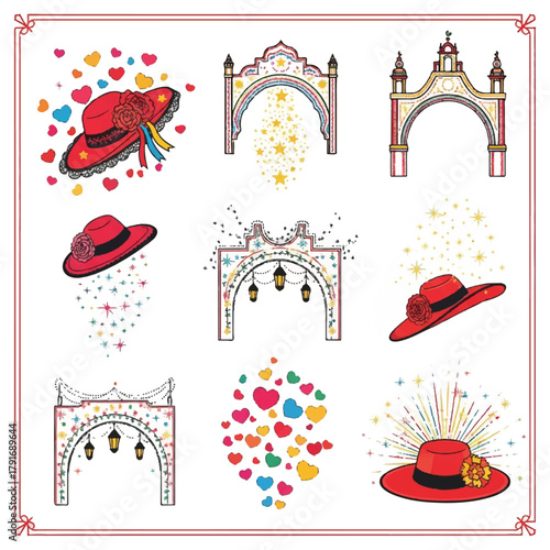 A collection of illustrations featuring traditional Spanish Feria de Abril elements: ornate archways and flamenco hats, surrounded by hearts and stars, in a decorative frame.