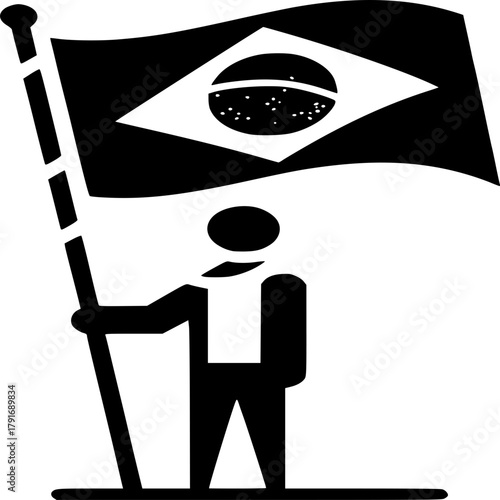 Brazilian Flag Icon: An illustrative icon of a person proudly holding aloft the national flag of Brazil, symbolizing national identity and pride.