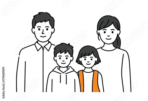 A happy smiling family of four in a simple line art illustration
