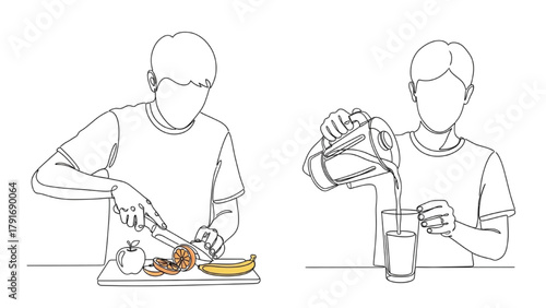 Person Slicing Fruits and Pouring Smoothie — Black Continuous Line Art Symbolizing Nutrition and Vitality on White Background