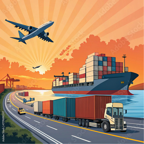 Global logistics and transportation network with ship truck and airplane