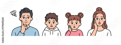 Diverse family expressions: thoughtful dad, surprised kids and mom