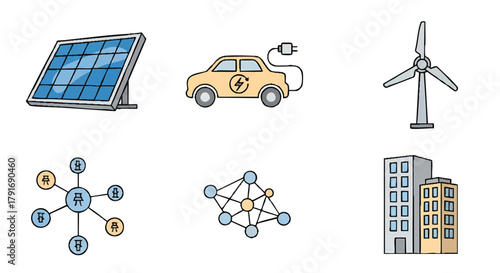 Clean energy sources and technologies vector illustrations for sustainable living