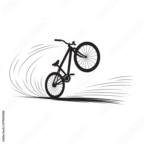 Bicycle Wheelie Silhouette Vector of Stunt Bike with Speed Motion Lines Illustration.