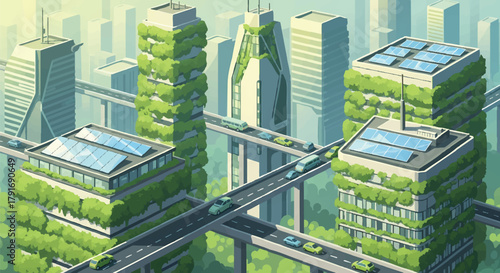 Eco friendly futuristic cityscape with green buildings and sustainable energy