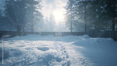 A peaceful snowy yard enclosed by a wooden fence