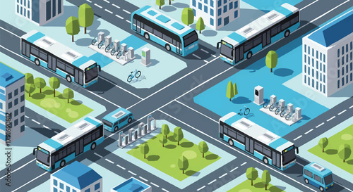Isometric illustration of city transport with buses streets and buildings