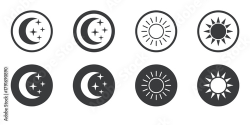 Day and night sun moon star icon set in line and solid styles