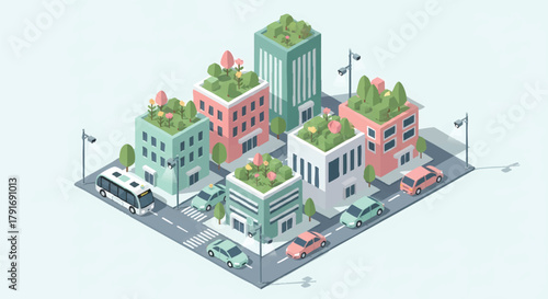 Isometric illustration of modern sustainable city buildings with green roofs