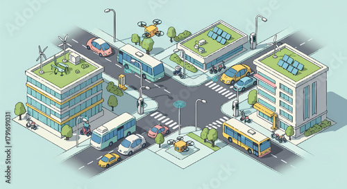 Isometric illustration of a modern city intersection with vehicles and buildings