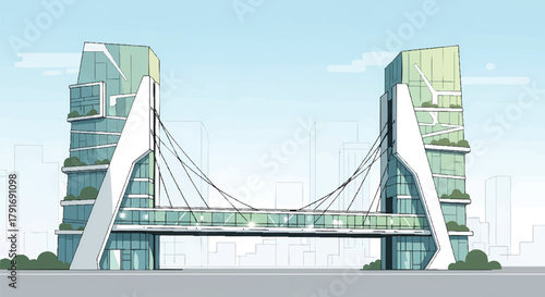 Modern architectural bridge illustration featuring glass buildings and city skyline