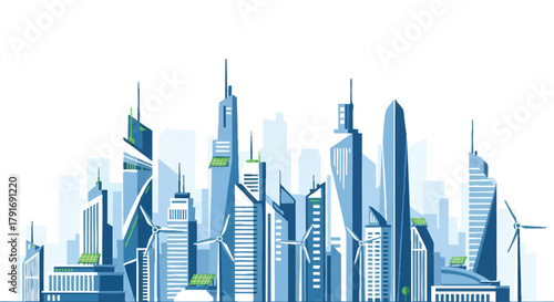 Modern cityscape illustration featuring skyscrapers and sustainable energy elements