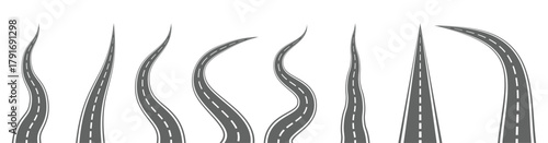 Roads and highways. Set of curved and winding road vector icons isolated on white background. Highway route design collection. Road path with different bends. Vector illustration.