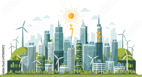 Sustainable cityscape illustration depicting renewable energy and green living