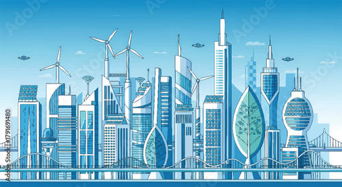 Modern cityscape with sustainable energy and futuristic architecture