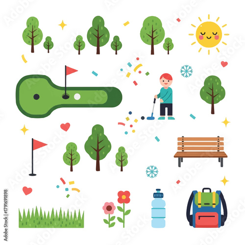 A flat vector illustration depicting a miniature golf scene with a boy playing, trees, sun, bench, backpack, water bottle, and celebratory confetti.