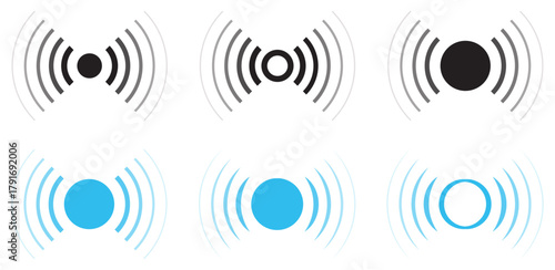Set of signal icons Sonar or radar sound waves Radio waves. Collection of wireless signal vector icons. Radar and sonar signal. Wi-Fi and network symbols. Vector illustration.