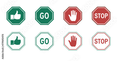 Go and stop traffic control vector signs with hand symbol set
