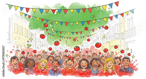 Cheerful crowd celebrating a tomato festival in a town square, with colorful flags strung overhead and tomatoes flying through the air.