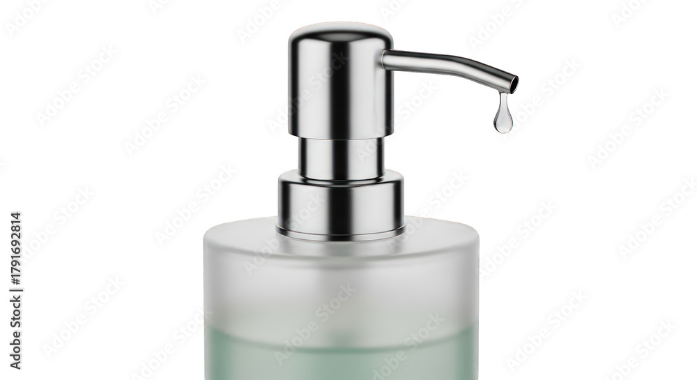 Obraz premium Close-up of a chrome soap dispenser with a drop of liquid falling from the spout.