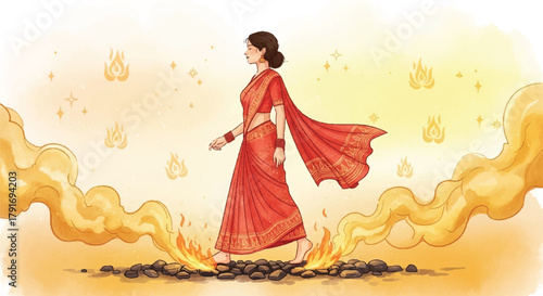 Illustration of a woman in a red sari walking barefoot across hot coals, surrounded by smoke and stylized flame patterns.