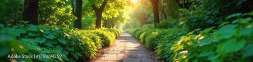 Serene garden path meandering through lush greenery, sunlight dappling leaves Perfect for relaxation and tranquility Ideal for nature, garden, and tranquility themed projects , calm, shadows, trees