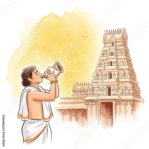 A man in traditional Indian attire blows a conch shell trumpet in front of a Hindu temple.