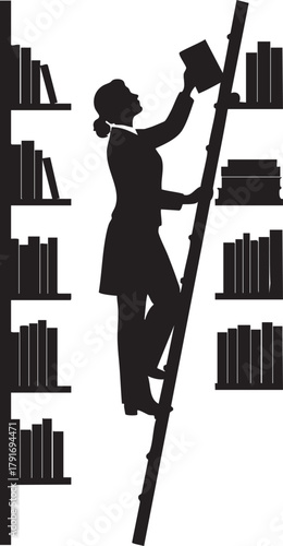 Silhouette of a diligent person ascending a ladder to reach a book on a high shelf in a library, symbolizing knowledge acquisition and intellectual pursuit.