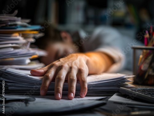 Tired office worker sleeping on desk with hand resting on a large pile of documents and paperwork, illustrating exhaustion, overwork, stress, and burnout.