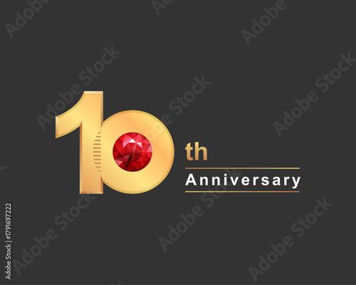 10th Anniversary Golden Logo with Red Ruby Gem Luxury Ten Year Jubilee Vector Icon