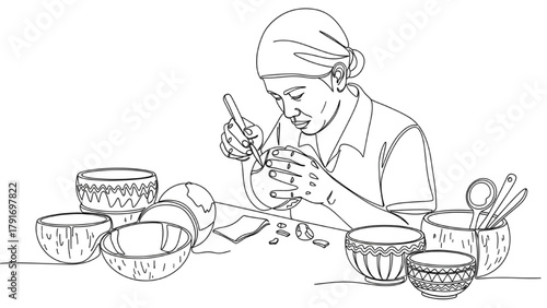 Artisan Carving Decorative Bowls from Coconut Shell — Black Continuous Line Art Showing Craftsmanship 