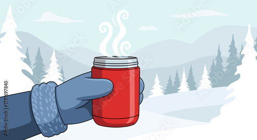 thermos cup in gloved hand