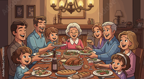 A cartoon-style digital illustration of a family dinner table with people sharing food and smiling.