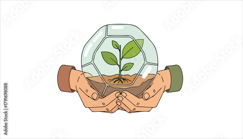 Two hands gently cradle a glass terrarium containing a growing plant with roots.