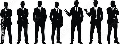Businessman silhouette poses, professional body language, corporate identity concept, office attire illustration, cad drawing flat vector illustration
