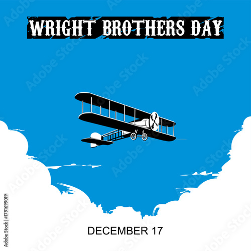 Illustration celebrating Wright Brothers Day on December 17, featuring their historic first airplane in flight.