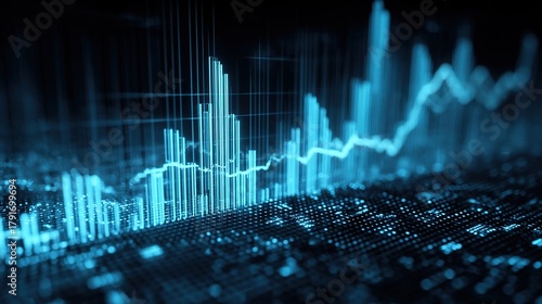Futuristic financial market data analysis display showing glowing blue charts and graphs