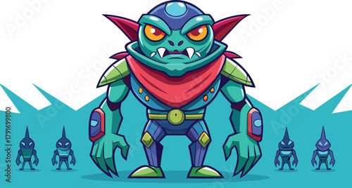 Vibrant cartoon alien monster with pointy ears and glowing eyes stands guard with smaller alien companions in a futuristic landscape