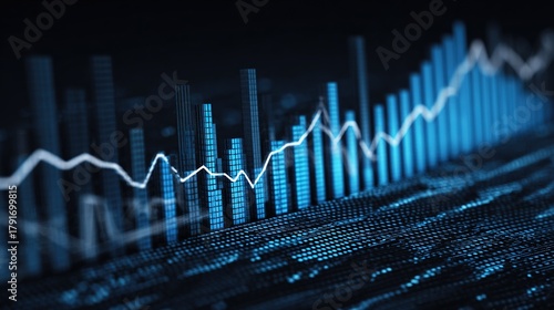 Financial bar graph showing stock market fluctuation, data analysis, and investment concept.