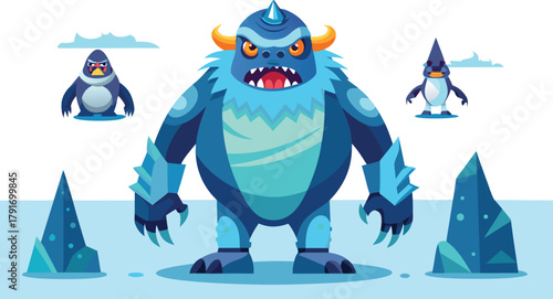 Fierce blue monster with sharp claws and horns stands ready for battle alongside angry penguins in a frosty, icy landscape.