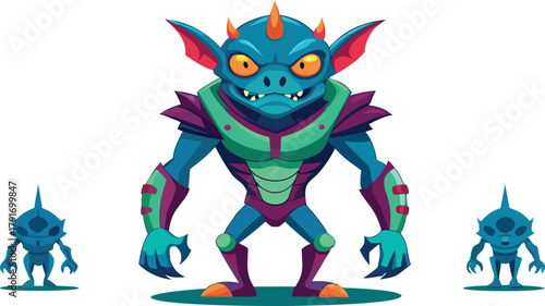 Intimidating alien creature with sharp claws and glowing eyes, flanked by smaller alien companions, perfect for sci-fi themes and fantasy projects