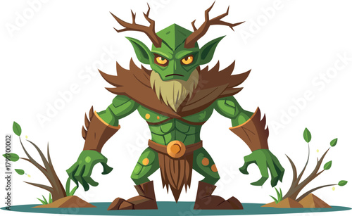 Fierce green forest guardian with antlers and glowing eyes stands ready to defend nature's realm in a vibrant cartoon style.