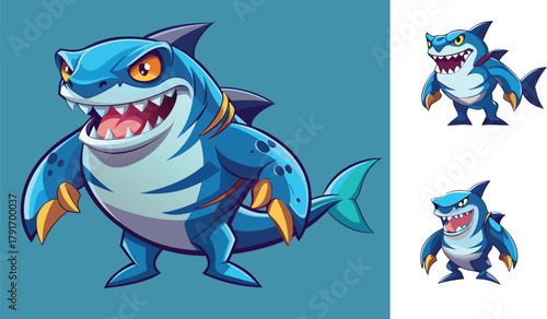 Fierce cartoon shark character with sharp teeth and angry eyes, ready for action in a vibrant, playful design