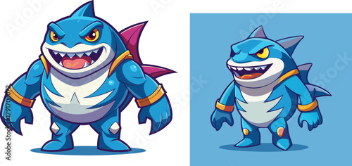 Fierce blue shark character with menacing grin and sharp teeth, perfect for gaming, branding, or mascots, radiating power and aggression.