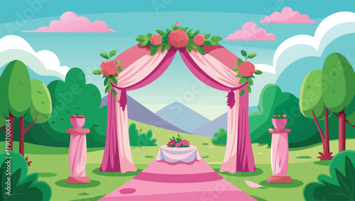 Enchanting outdoor wedding ceremony setup with floral arch and scenic mountain backdrop, perfect for romantic celebrations.